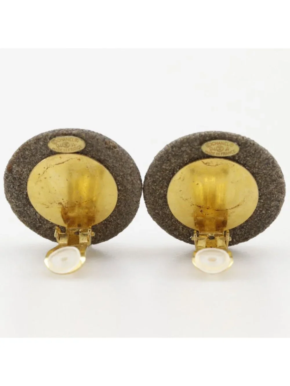 Chanel CC Logo Stone Motif Vintage Gold Plated Gray Earrings